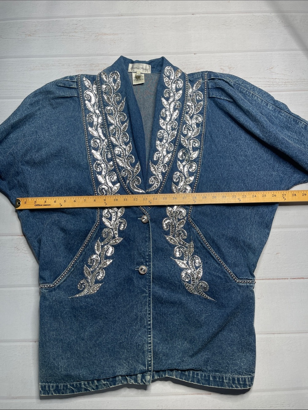 Vintage Denim Sequins Jacket 80s Large Beaded Cotton Long Length Golden Girls L - Picture 9 of 16